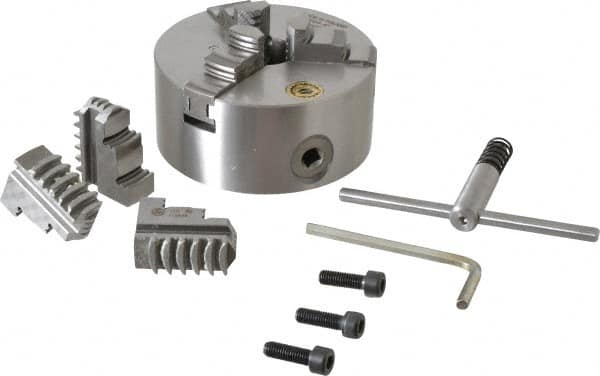 Bison - 3 Jaws, 5" Diam, Self Centering Manual Lathe Chuck - Plain Back Mount Spindle, 3,200 Max RPM, 1.2598" Through Hole Diam, 0.0008" Axial Runout, 0.0012" Radial Runout, Cast Iron - Benchmark Tooling