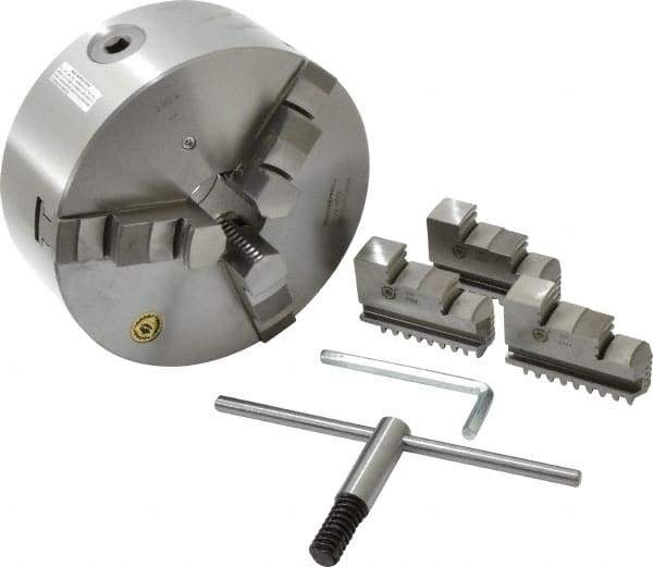 Bison - 3 Jaws, 8" Diam, Self Centering Manual Lathe Chuck - Plain Back Mount Spindle, 2,500 Max RPM, 2.1653" Through Hole Diam, 0.001" Axial Runout, 0.0016" Radial Runout, Cast Iron - Benchmark Tooling