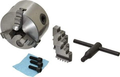 Interstate - 3 Jaws, 3" Diam, Self Centering Manual Lathe Chuck - Plain Back Mount Spindle, 0.6299" Through Hole Diam, 0.003" Axial Runout, Cast Iron - Benchmark Tooling