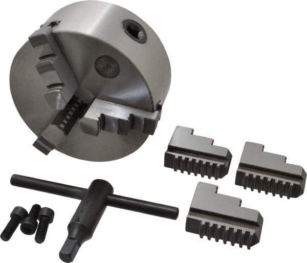 Interstate - 3 Jaws, 5" Diam, Self Centering Manual Lathe Chuck - Plain Back Mount Spindle, 1.1811" Through Hole Diam, 0.003" Axial Runout, Cast Iron - Benchmark Tooling