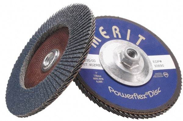 Merit Abrasives - 24 Grit, 4-1/2" Disc Diam, 5/8-11 Center Hole, Type 27 Zirconia Alumina Flap Disc - 13,300 Max RPM, Fiberglass Backing, Arbor Attaching System, Coated - Benchmark Tooling