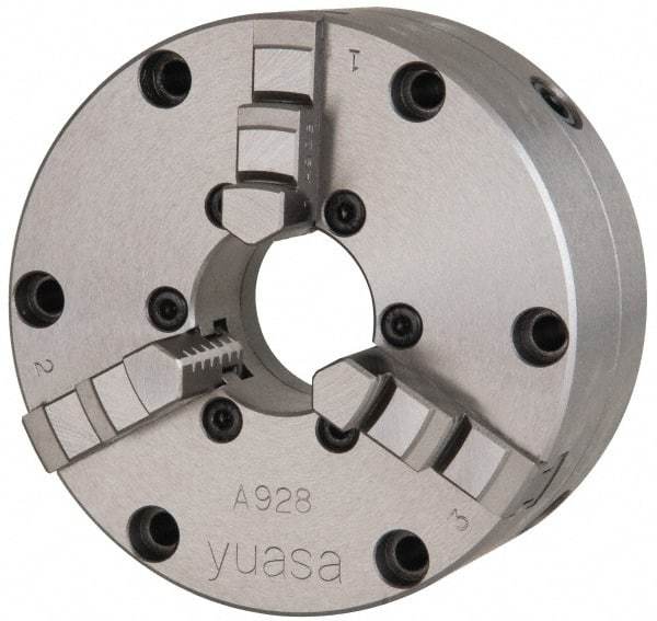 Yuasa - 3 Jaws, 4" Diam, Self Centering Manual Lathe Chuck - Plain Back Mount Spindle, Adjustable, 1.2598" Through Hole Diam, 0.0005" Axial Runout, Cast Iron - Benchmark Tooling