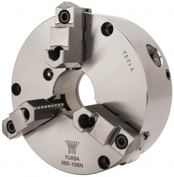 Yuasa - 3 Jaws, 8" Diam, Self Centering Manual Lathe Chuck - Plain Back Mount Spindle, Adjustable, Reversible, 2.4803" Through Hole Diam, 0.0005" Axial Runout, Cast Iron - Benchmark Tooling