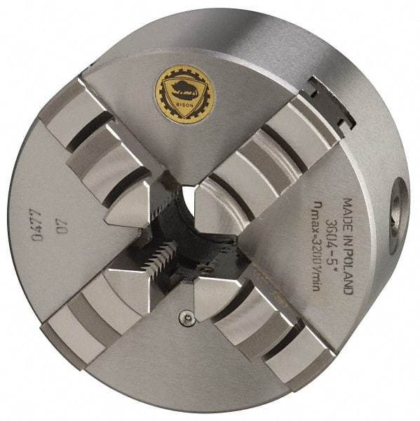 Bison - 4 Jaws, 8" Diam, Self Centering Manual Lathe Chuck - Plain Back Mount Spindle, 2,500 Max RPM, 2.1654" Through Hole Diam, 0.001" Axial Runout, 0.0016" Radial Runout, Cast Iron - Benchmark Tooling