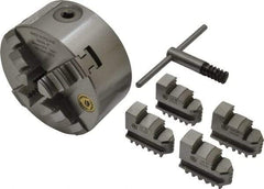 Bison - 4 Jaws, 5" Diam, Self Centering Manual Lathe Chuck - Plain Back Mount Spindle, 3,200 Max RPM, 9.921" Through Hole Diam, 0.0008" Axial Runout, 0.0012" Radial Runout, Cast Iron - Benchmark Tooling