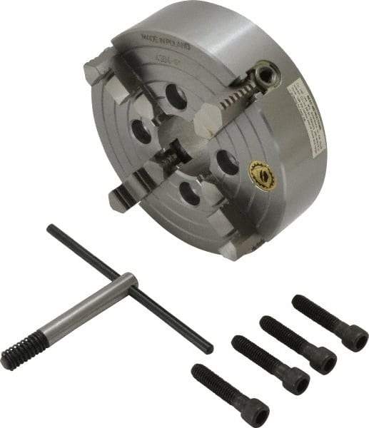 Bison - 4 Jaws, 6" Diam, Independent Manual Lathe Chuck - Plain Back Mount Spindle, Reversible, 3,200 Max RPM, 1.6535" Through Hole Diam, Cast Iron - Benchmark Tooling