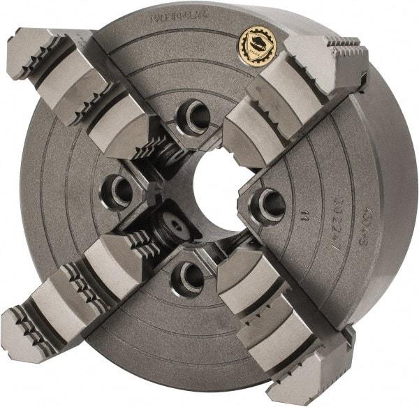 Bison - 4 Jaws, 8" Diam, Independent Manual Lathe Chuck - Plain Back Mount Spindle, Reversible, 1,800 Max RPM, 1.9685" Through Hole Diam, Cast Iron - Benchmark Tooling