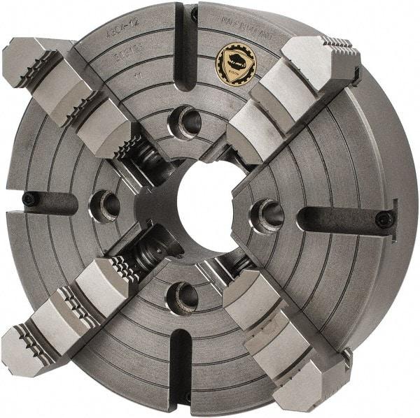 Bison - 4 Jaws, 12" Diam, Independent Manual Lathe Chuck - Plain Back Mount Spindle, Reversible, 1,200 Max RPM, 3.1496" Through Hole Diam, Cast Iron - Benchmark Tooling