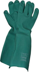 SHOWA - Size 2XL (11), 19" Long, 22 mil Thick, Nitrile Chemical Resistant Gloves - Textured Finish, Slip-On Cuff, ANSI Abrasion Level 4, ANSI Cut Level 0, ANSI Puncture Level 1, Green, FDA Approved - Benchmark Tooling