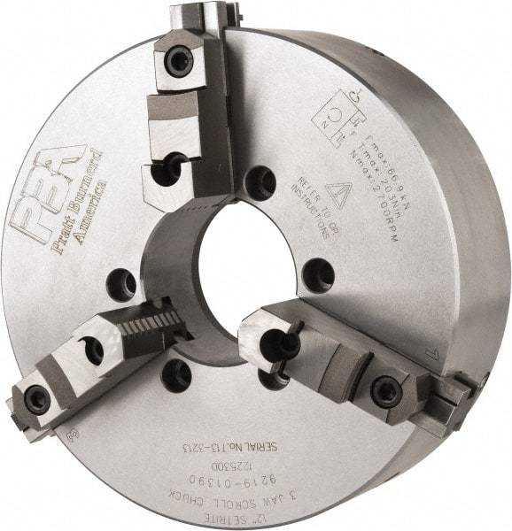 Pratt Burnerd America - 3 Jaws, 12" Diam, Self Centering Manual Lathe Chuck - Plain Back Mount Spindle, Adjustable, Reversible, 2,300 Max RPM, 4.06" Through Hole Diam, Forged Steel - Benchmark Tooling