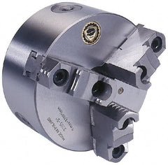 Bison - 3 Jaws, 8" Diam, Self Centering Manual Lathe Chuck - Plain Back Mount Spindle, Reversible, 4,000 Max RPM, 2.1654" Through Hole Diam, 0.0018" Axial Runout, 0.0016" Radial Runout, Forged Steel - Benchmark Tooling