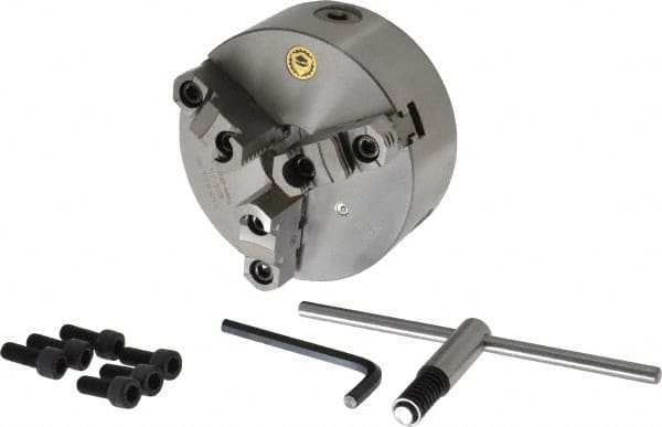 Bison - 3 Jaws, 6" Diam, Self Centering Manual Lathe Chuck - Plain Back Mount Spindle, Reversible, 3,000 Max RPM, 1.6535" Through Hole Diam, 0.0008" Axial Runout, 0.0012" Radial Runout, Cast Iron - Benchmark Tooling