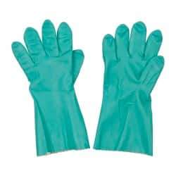 MAPA Professional - Size 2XL (11), 14" Long, 11 mil Thick, Supported, Nitrile Chemical Resistant Gloves - Textured Finish, Knit Lined, Gauntlet Pinked Cuff, Green, FDA Approved - Benchmark Tooling