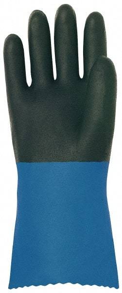 MAPA Professional - Size S (6), 12" Long, Supported, Neoprene Chemical Resistant Gloves - Textured Finish, Cotton Interlock Knit Lined, Gauntlet Pinked Cuff, Black/Blue - Benchmark Tooling