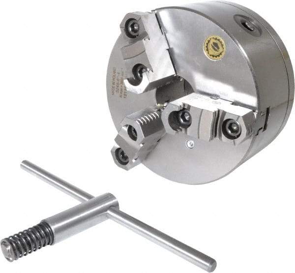 Bison - 3 Jaws, 6" Diam, Self Centering Manual Lathe Chuck - D1-4 Mount Spindle, Reversible, 3,000 Max RPM, 1.6535" Through Hole Diam, 0.0008" Axial Runout, 0.0012" Radial Runout, Cast Iron - Benchmark Tooling