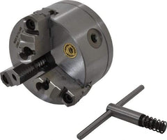 Bison - 3 Jaws, 5" Diam, Self Centering Manual Lathe Chuck - 1-1/2 - 8" Spindle Mount, Reversible, 3,200 Max RPM, 1.2598" Through Hole Diam, 0.0008" Axial Runout, 0.0012" Radial Runout, Cast Iron - Benchmark Tooling