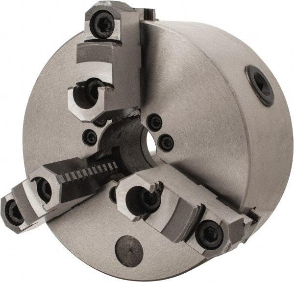 Interstate - 3 Jaws, 6" Diam, Self Centering Manual Lathe Chuck - D1-4 Mount Spindle, Reversible, 1.5748" Through Hole Diam, Cast Iron - Benchmark Tooling