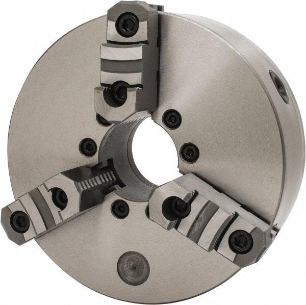 Interstate - 3 Jaws, 10" Diam, Self Centering Manual Lathe Chuck - D1-6 Mount Spindle, Reversible, 2.7559" Through Hole Diam, Cast Iron - Benchmark Tooling