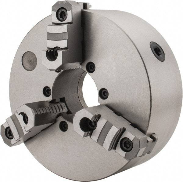 Interstate - 3 Jaws, 10" Diam, Self Centering Manual Lathe Chuck - D1-8 Mount Spindle, Reversible, 2.7559" Through Hole Diam, Cast Iron - Benchmark Tooling