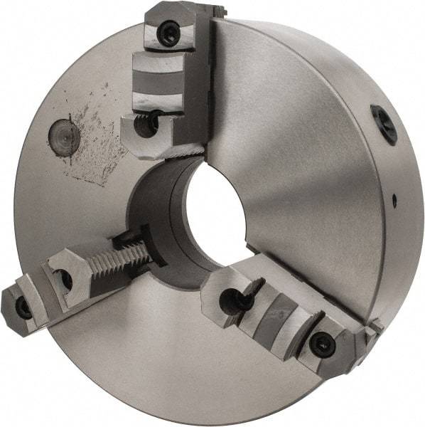 Interstate - 3 Jaws, 12" Diam, Self Centering Manual Lathe Chuck - D1-6 Mount Spindle, Reversible, 3-15/16" Through Hole Diam, Cast Iron - Benchmark Tooling