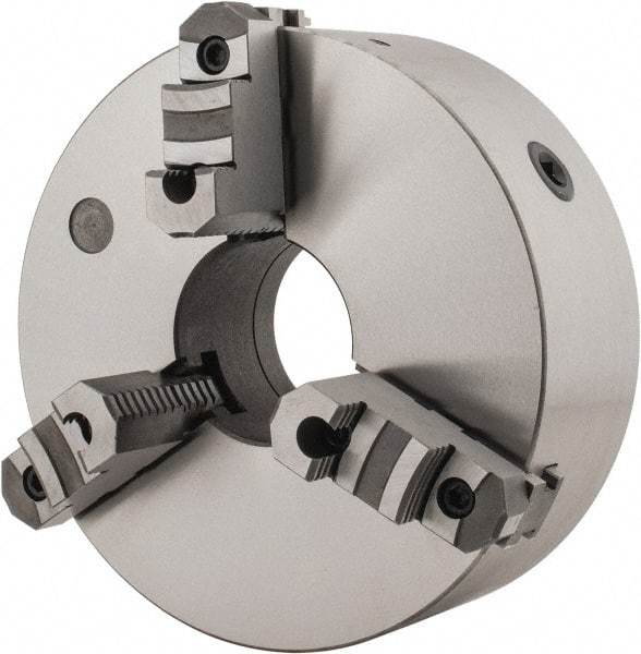 Interstate - 3 Jaws, 12" Diam, Self Centering Manual Lathe Chuck - D1-8 Mount Spindle, Reversible, 3-15/16" Through Hole Diam, Cast Iron - Benchmark Tooling