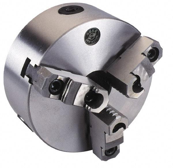 Interstate - 3 Jaws, 10" Diam, Self Centering Manual Lathe Chuck - Plain Back Mount Spindle, Reversible, 3.1496" Through Hole Diam, 0.003" Axial Runout, Cast Iron - Benchmark Tooling