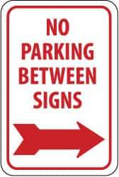 NMC - "No Parking Between Signs", "Right Arrow", 12" Wide x 18" High, Aluminum No Parking & Tow Away Signs - 0.04" Thick, Red on White, Rectangle, Wall Mount - Benchmark Tooling