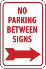 NMC - "No Parking Between Signs", "Right Arrow", 12" Wide x 18" High, Aluminum No Parking & Tow Away Signs - 0.063" Thick, Red on White, Rectangle, Post Mount - Benchmark Tooling