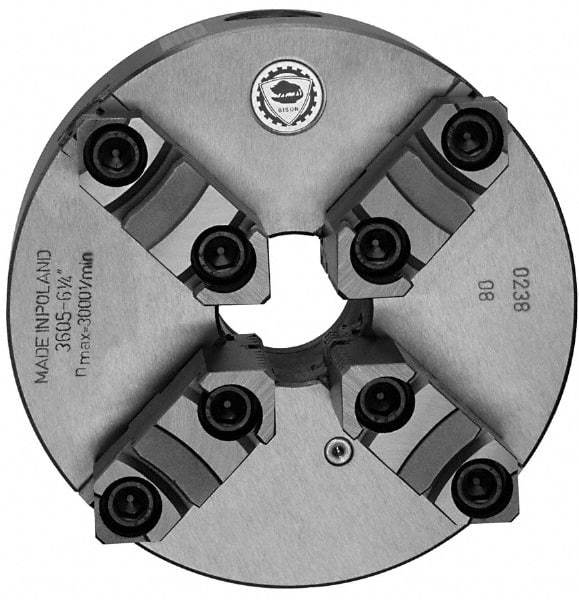 Bison - 4 Jaws, 12" Diam, Self Centering Manual Lathe Chuck - Plain Back Mount Spindle, Reversible, 1,500 Max RPM, 4.0551" Through Hole Diam, 0.0012" Axial Runout, 0.0031" Radial Runout, Cast Iron - Benchmark Tooling