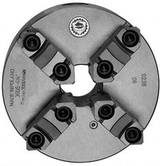 Bison - 4 Jaws, 16" Diam, Self Centering Manual Lathe Chuck - Plain Back Mount Spindle, Reversible, 1,000 Max RPM, 5.3543" Through Hole Diam, 0.0012" Axial Runout, 0.0024" Radial Runout, Cast Iron - Benchmark Tooling