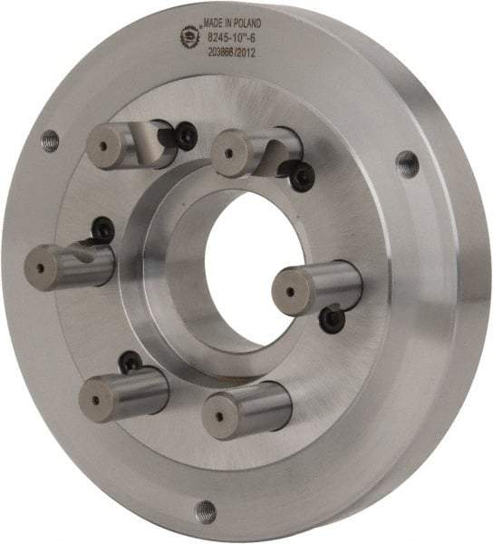 Bison - Adapter Back Plate for 10" Diam Self Centering Lathe Chucks - D1-6 Mount, 2.922" Through Hole Diam, 5.708mm ID, 9.84" OD, 1.34" Flange Height, Steel - Benchmark Tooling