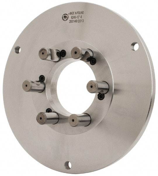 Bison - Adapter Back Plate for 12-1/2" Diam Self Centering Lathe Chucks - D1-6 Mount, 4.055" Through Hole Diam, 7.086mm ID, 12.4" OD, 3/4" Flange Height, Steel - Benchmark Tooling