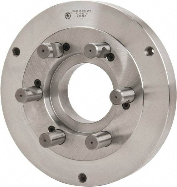 Bison - Adapter Back Plate for 12-1/2" Diam Self Centering Lathe Chucks - D1-8 Mount, 4.055" Through Hole Diam, 7.086mm ID, 12.4" OD, 1.49" Flange Height, Steel - Benchmark Tooling