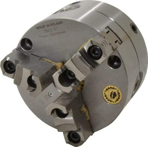 Bison - 3 Jaws, 5" Diam, Self Centering Manual Lathe Chuck - Front Mount, Adjustable, Reversible, 3,800 Max RPM, 1.378" Through Hole Diam, Forged Steel - Benchmark Tooling