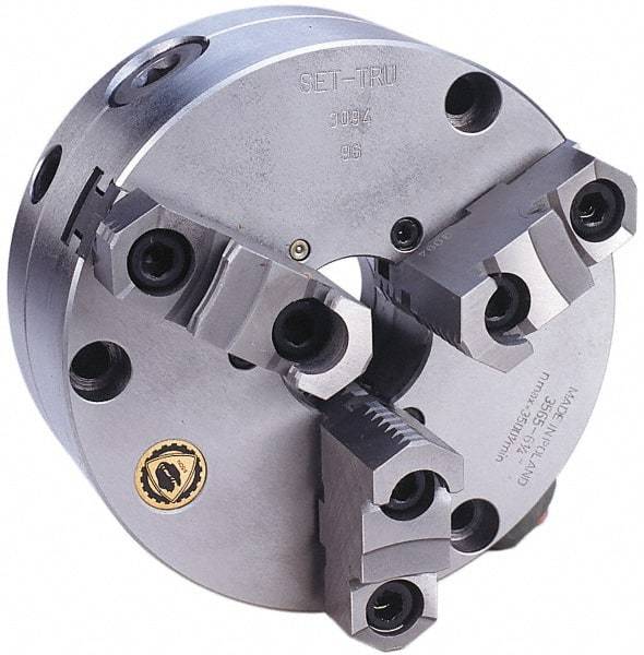 Bison - 3 Jaws, 16" Diam, Self Centering Manual Lathe Chuck - Front Mount, Adjustable, Reversible, 1,800 Max RPM, 5.354" Through Hole Diam, Forged Steel - Benchmark Tooling