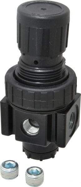 Parker - 1/4 NPT Port, 30 CFM, Zinc Economy Regulator - 2 to 125 psi Range, 300 Max psi Supply Pressure, 1/4" Gauge Port Thread, 2" Wide x 4.44" High - Benchmark Tooling