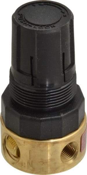 Parker - 1/4 NPT Port, Brass Miniature Regulator - 2 to 125 psi Range, 300 Max psi Supply Pressure, 1/8" Gauge Port Thread, 1-1/2" Wide x 2.87" High - Benchmark Tooling