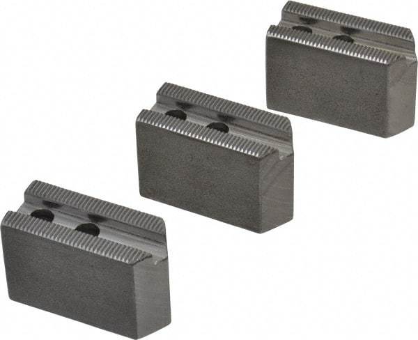 H & R Manufacturing - 5" Chuck Capacity, 1.5mm x 60° Serrated Attachment, Square Soft Lathe Chuck Jaw - 3 Jaws, Steel, 0.708" Btw Mount Hole Ctrs, 2-5/16" Long x 1" Wide x 1-1/2" High, 0.395" Groove, 8mm Fastener - Benchmark Tooling