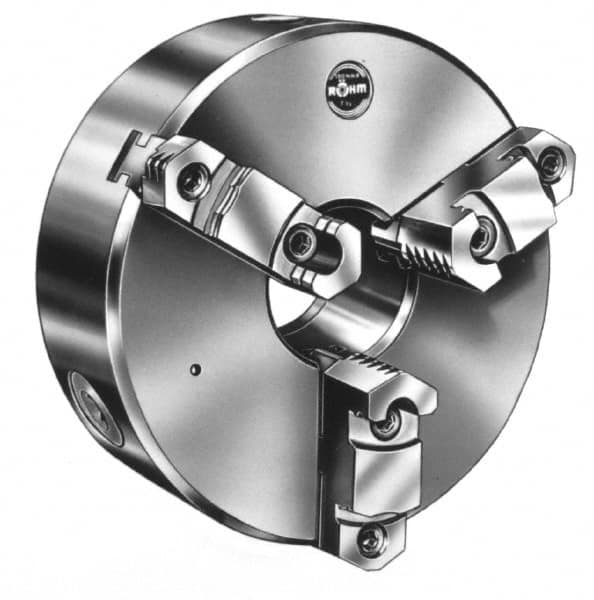 Rohm - 3 Jaws, 6" Diam, Self Centering Manual Lathe Chuck - D1-4 Mount Spindle, Reversible, 42mm Through Hole Diam, Forged Steel - Benchmark Tooling