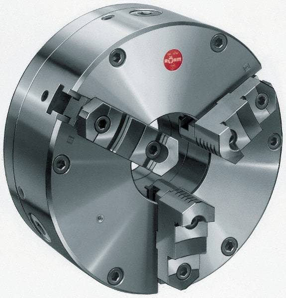 Rohm - 3 Jaws, 12" Diam, Self Centering Manual Lathe Chuck - Plain Back Mount Spindle, Adjustable, Reversible, 4.06" Through Hole Diam, Forged Steel - Benchmark Tooling