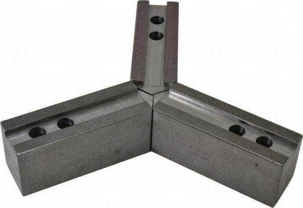 H & R Manufacturing - 12" & Up Chuck Capacity, 1.5mm x 60° Serrated Attachment, Square Soft Lathe Chuck Jaw - 3 Jaws, Steel, 1.181" Btw Mount Hole Ctrs, 6-1/4" Long x 2" Wide x 2-1/2" High, 0.827" Groove, 0.6299" & 16mm Fastener - Benchmark Tooling