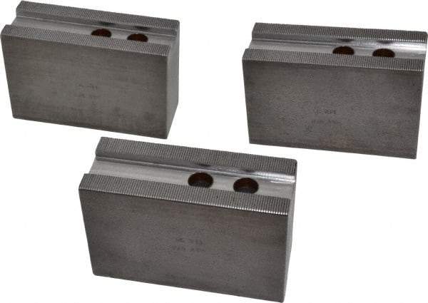 H & R Manufacturing - 12" Chuck Capacity, 1.5mm x 60° Serrated Attachment, Square Soft Lathe Chuck Jaw - 3 Jaws, Steel, 1.181" Btw Mount Hole Ctrs, 5-1/4" Long x 2" Wide x 3-1/2" High, 0.827" Groove, 5/8" & 16mm Fastener - Benchmark Tooling