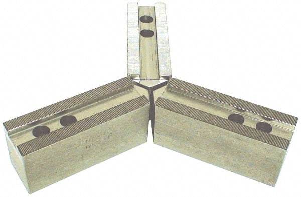 H & R Manufacturing - 15 to 18" Chuck Capacity, 3mm x 60° Serrated Attachment, Square Soft Lathe Chuck Jaw - 3 Jaws, Steel, 1.968" Btw Mount Hole Ctrs, 7" Long x 2-1/2" Wide x 3-1/2" High, 0.866" Groove, 20mm Fastener - Benchmark Tooling