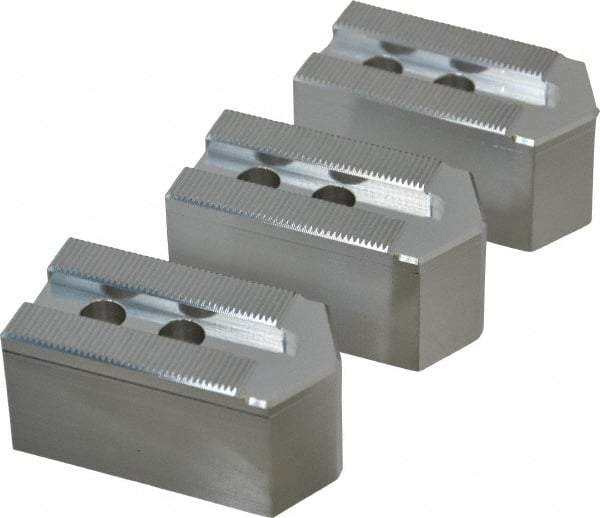 Masterman & Kovil - 6" Chuck Capacity, 1.5mm x 60° Serrated Attachment, Square Soft Lathe Chuck Jaw - 3 Jaws, Aluminum, 0.787" Btw Mount Hole Ctrs, 3mm Long x 1-1/2" Wide x 1-1/2" High, 0.473" Groove, 10mm Fastener - Benchmark Tooling