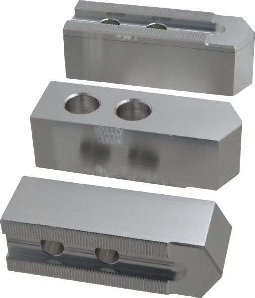 Masterman & Kovil - 10" Chuck Capacity, 1.5mm x 60° Serrated Attachment, Square Soft Lathe Chuck Jaw - 3 Jaws, Aluminum, 1.181" Btw Mount Hole Ctrs, 4.6mm Long x 1-1/2" Wide x 1-1/2" High, 0.63" Groove, 12mm Fastener - Benchmark Tooling