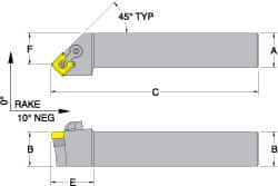 Dorian Tool - MSSN, Right Hand Cut, 45° Lead Angle, 1" Shank Height x 1" Shank Width, Negative Rake Indexable Turning Toolholder - 6" OAL, SN..43. Insert Compatibility, Series Multi-Option - Benchmark Tooling