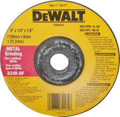 DeWALT - 24 Grit, 6" Wheel Diam, 1/4" Wheel Thickness, 7/8" Arbor Hole, Type 27 Depressed Center Wheel - Aluminum Oxide, R Hardness, 10,100 Max RPM, Compatible with Angle Grinder - Benchmark Tooling