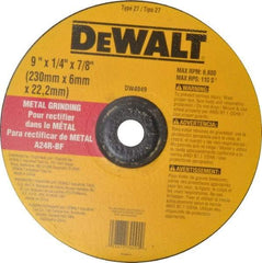 DeWALT - 24 Grit, 9" Wheel Diam, 1/4" Wheel Thickness, 7/8" Arbor Hole, Type 27 Depressed Center Wheel - Aluminum Oxide, R Hardness, 6,600 Max RPM, Compatible with Angle Grinder - Benchmark Tooling