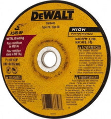 DeWALT - 24 Grit, 7" Wheel Diam, 1/4" Wheel Thickness, 7/8" Arbor Hole, Type 28 Depressed Center Wheel - Aluminum Oxide, R Hardness, 8,700 Max RPM - Benchmark Tooling