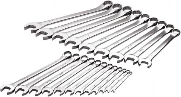 SK - 21 Piece, 1/4" to 1-1/2", 12 Point Combination Wrench Set - Inch Measurement Standard, Chrome Finish, Comes in Rack - Benchmark Tooling